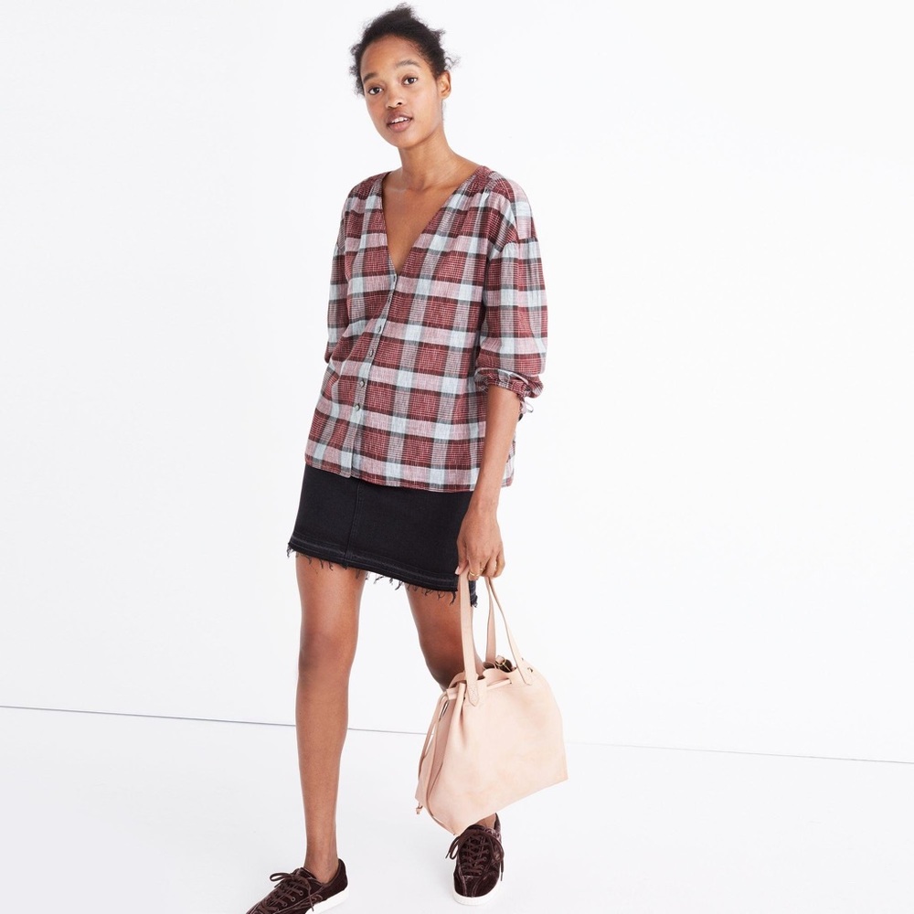 Madewell Plaid Tie-Sleeve Shirt, Size XS